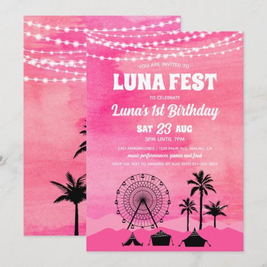 Pink Music Festival Birthday Invitation Kaart (Voorkant / Achterkant)