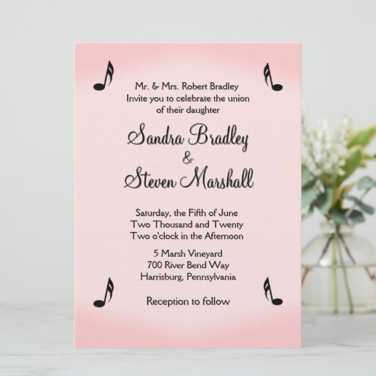Pink Music Theme Wedding Kaart (Staand voorkant)