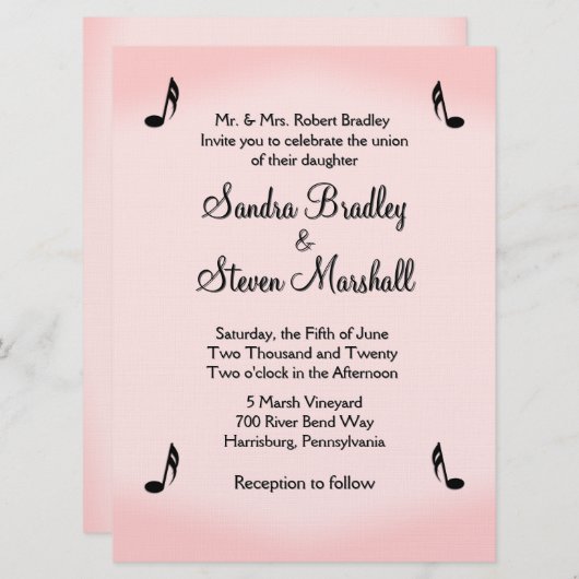 Pink Music Theme Wedding Kaart (Voorkant / Achterkant)