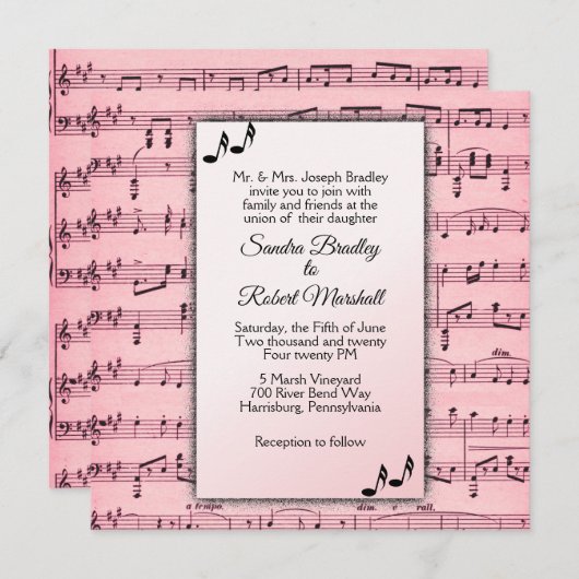 Pink Music Wedding Invitation Kaart (Voorkant / Achterkant)