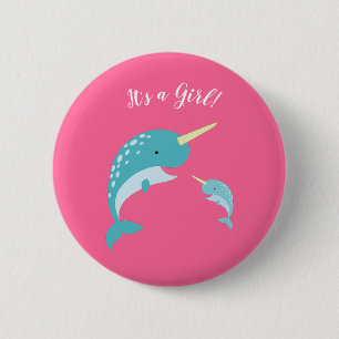 Pink Narwhal Baby shower Ronde Button 5,7 Cm