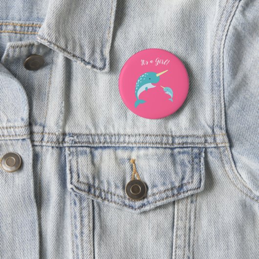 Pink Narwhal Baby shower Ronde Button 5,7 Cm (In situ)