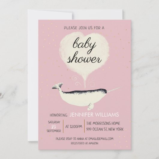 Pink Narwhal Whale Meisje Baby shower Uitnodiging (Voorkant)