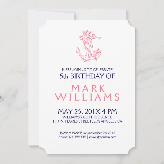 Pink Nautical Floral Anchor Birthday Party Invite Kaart (Voorkant)