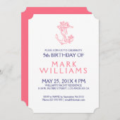 Pink Nautical Floral Anchor Birthday Party Invite Kaart (Voorkant / Achterkant)