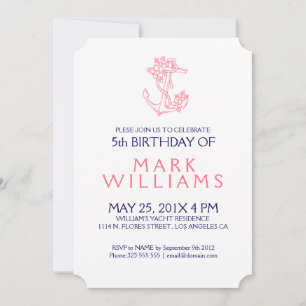 Pink Nautical Floral Anchor Birthday Party Invite Kaart