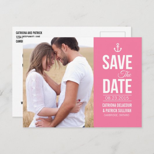 PINK NAUTISCHE FOTO BESPAAR HET DATUM BRIEFKAART (Voorkant / Achterkant)