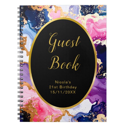 Pink, Navy Blue and Gold Ink Birthday Guest Book Notitieboek (Voorkant)