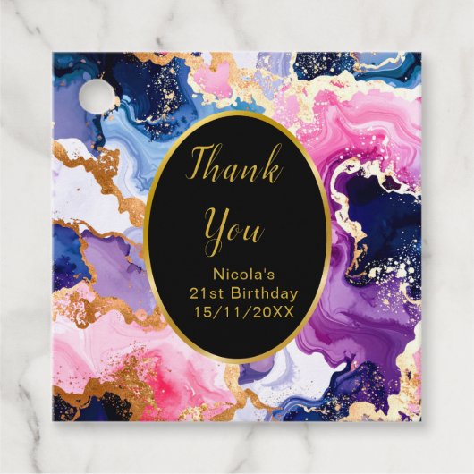 Pink, Navy Blue and Gold Ink Birthday Party Bedankjes Labels (Voorkant)