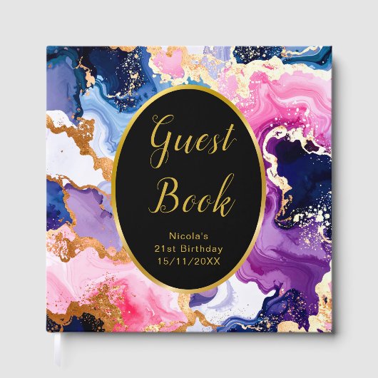 Pink, Navy Blue and Gold Ink Birthday Party Gastenboek (Voorkant)