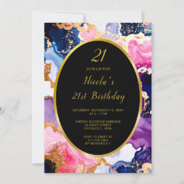 Pink, Navy Blue and Gold Ink Birthday Party Kaart