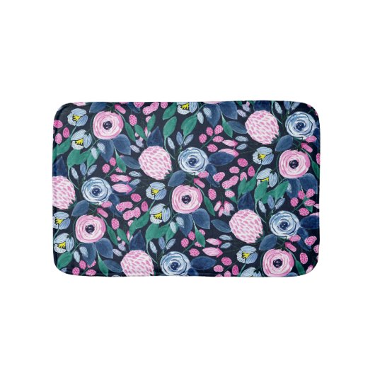 Pink Navy Blue Floral Bouquet Waterverf Patroon Badmat (Voorkant)