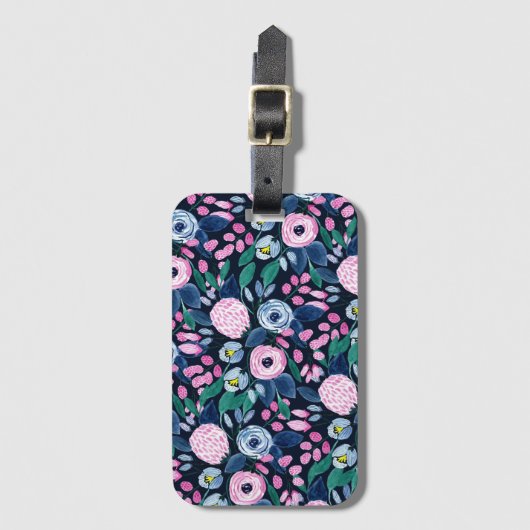 Pink Navy Blue Floral Bouquet Waterverf Patroon Bagagelabel (Voorkant (verticaal))
