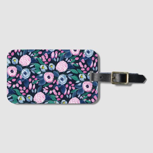 Pink Navy Blue Floral Bouquet Waterverf Patroon Bagagelabel (Voorkant (horizontaal))