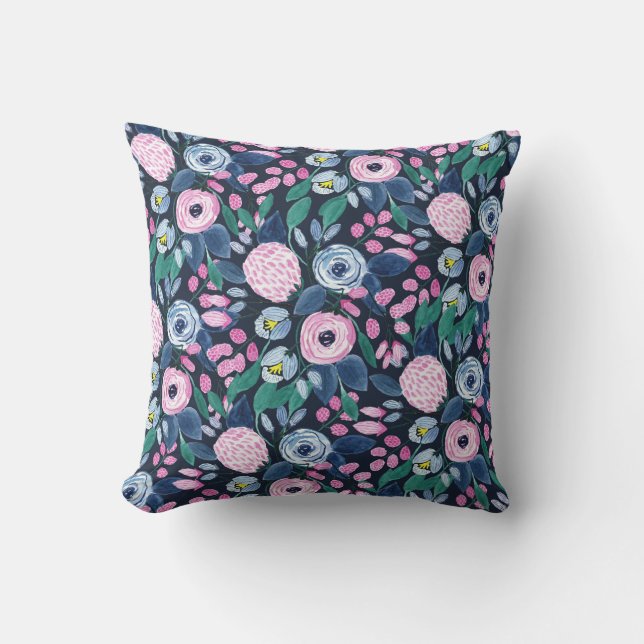 Pink Navy Blue Floral Bouquet Waterverf Patroon Buitenkussen (Voorkant)
