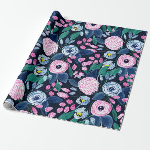 Pink Navy Blue Floral Bouquet Waterverf Patroon Cadeaupapier