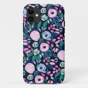 Pink Navy Blue Floral Bouquet Waterverf Patroon Case-Mate iPhone Case