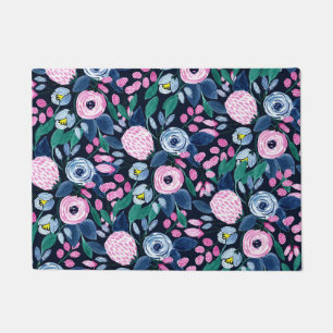 Pink Navy Blue Floral Bouquet Waterverf Patroon Deurmat