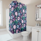 Pink Navy Blue Floral Bouquet Waterverf Patroon Douchegordijn (In situ)