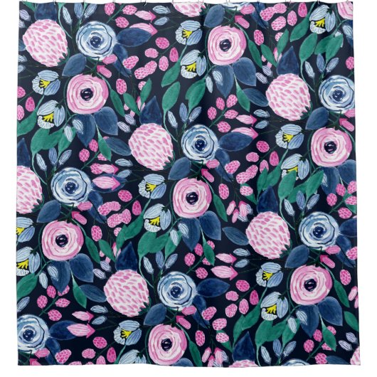 Pink Navy Blue Floral Bouquet Waterverf Patroon Douchegordijn (Voorkant)
