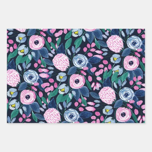 Pink Navy Blue Floral Bouquet Waterverf Patroon Inpakpapier Vel (Voorkant 3)