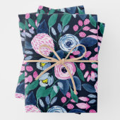 Pink Navy Blue Floral Bouquet Waterverf Patroon Inpakpapier Vel (In situ)