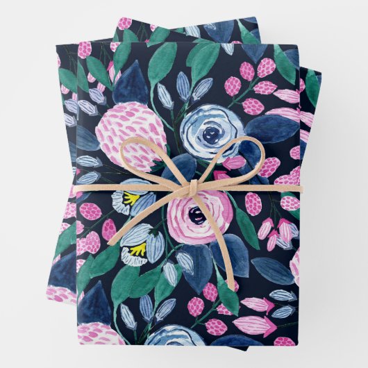 Pink Navy Blue Floral Bouquet Waterverf Patroon Inpakpapier Vel (In situ)
