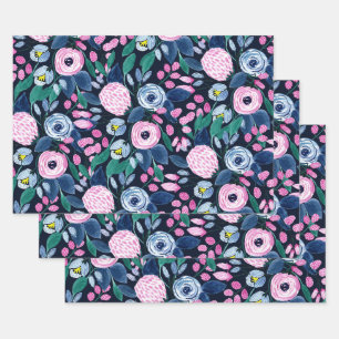 Pink Navy Blue Floral Bouquet Waterverf Patroon Inpakpapier Vel