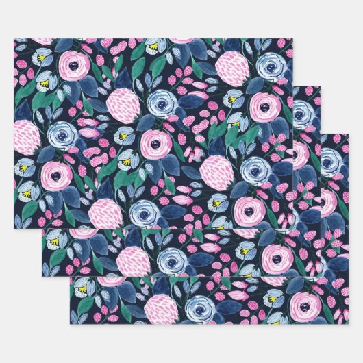 Pink Navy Blue Floral Bouquet Waterverf Patroon Inpakpapier Vel (Set)