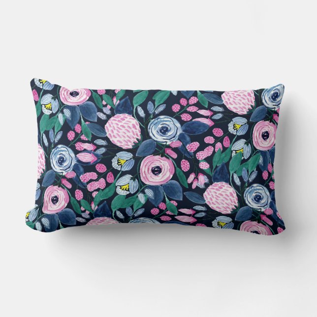 Pink Navy Blue Floral Bouquet Waterverf Patroon Kussen (Voorkant)