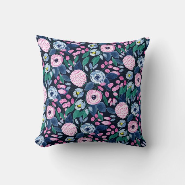 Pink Navy Blue Floral Bouquet Waterverf Patroon Kussen (Voorkant)