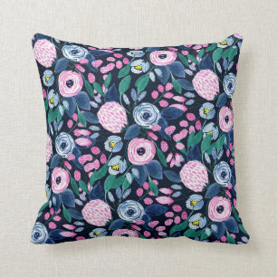 Pink Navy Blue Floral Bouquet Waterverf Patroon Kussen