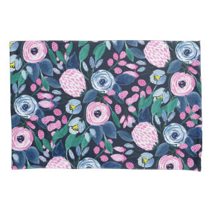 Pink Navy Blue Floral Bouquet Waterverf Patroon Kussensloop