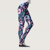 Pink Navy Blue Floral Bouquet Waterverf Patroon Leggings (Rechts)
