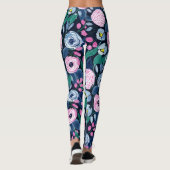 Pink Navy Blue Floral Bouquet Waterverf Patroon Leggings (Achterkant)