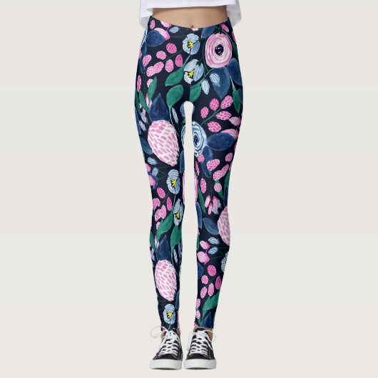 Pink Navy Blue Floral Bouquet Waterverf Patroon Leggings (Voorkant)