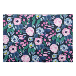 Pink Navy Blue Floral Bouquet Waterverf Patroon Placemat