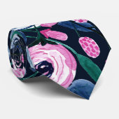 Pink Navy Blue Floral Bouquet Waterverf Patroon Stropdas (Opgerold)