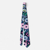 Pink Navy Blue Floral Bouquet Waterverf Patroon Stropdas (Achterkant)