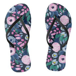 Pink Navy Blue Floral Bouquet Waterverf Patroon Teenslippers