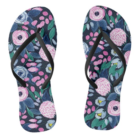 Pink Navy Blue Floral Bouquet Waterverf Patroon Teenslippers (Voetbed)