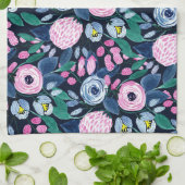 Pink Navy Blue Floral Bouquet Waterverf Patroon Theedoek (Gevouwen)
