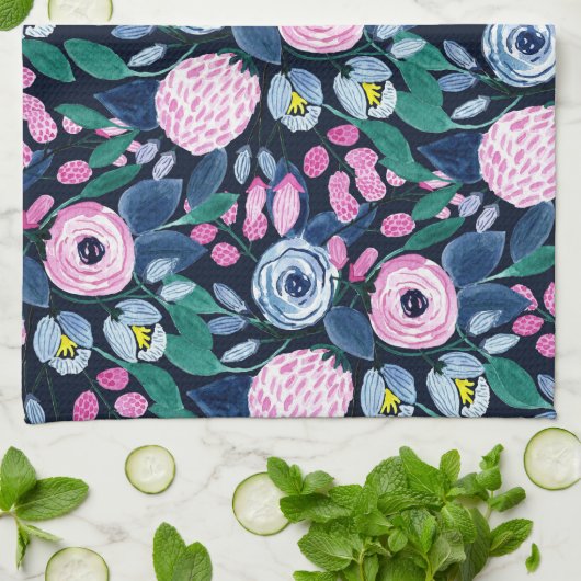 Pink Navy Blue Floral Bouquet Waterverf Patroon Theedoek (Gevouwen)
