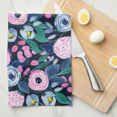 Pink Navy Blue Floral Bouquet Waterverf Patroon Theedoek (Quarter Fold)