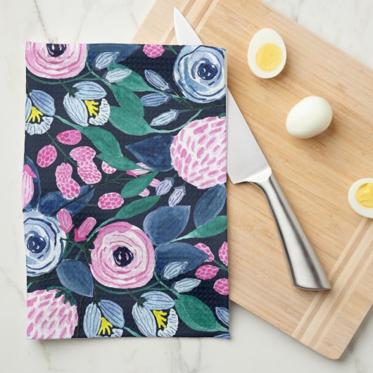 Pink Navy Blue Floral Bouquet Waterverf Patroon Theedoek (Quarter Fold)
