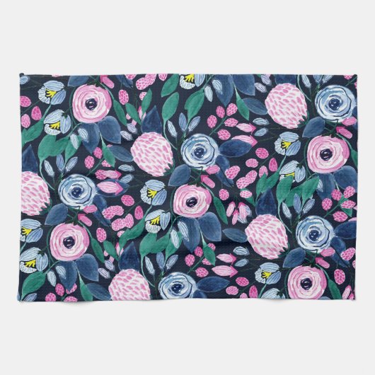 Pink Navy Blue Floral Bouquet Waterverf Patroon Theedoek (Horizontaal)