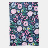 Pink Navy Blue Floral Bouquet Waterverf Patroon Theedoek (Verticaal)
