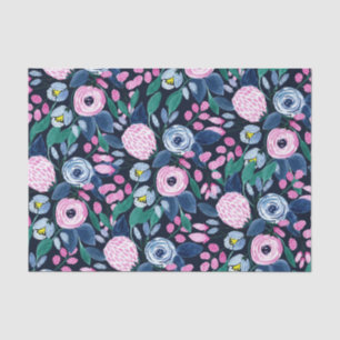 Pink Navy Blue Floral Bouquet Waterverf Patroon Tissuepapier