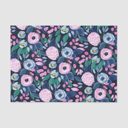 Pink Navy Blue Floral Bouquet Waterverf Patroon Tissuepapier (Voorkant)