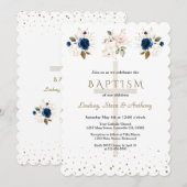 Pink Navy Blue Floral Gold Triplets Baptism   Kaart (Voorkant / Achterkant)